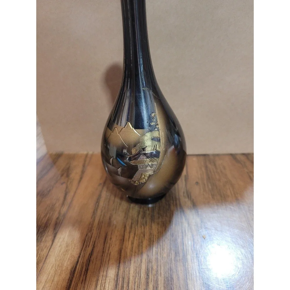 Vintage Metal Bud Vase with Mountain Design Etetched Fine Arts Japan